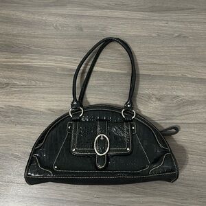 Y2K Vintage Style Franco Sarto Exotic Skin Crescent Structured Bag Shiny Black